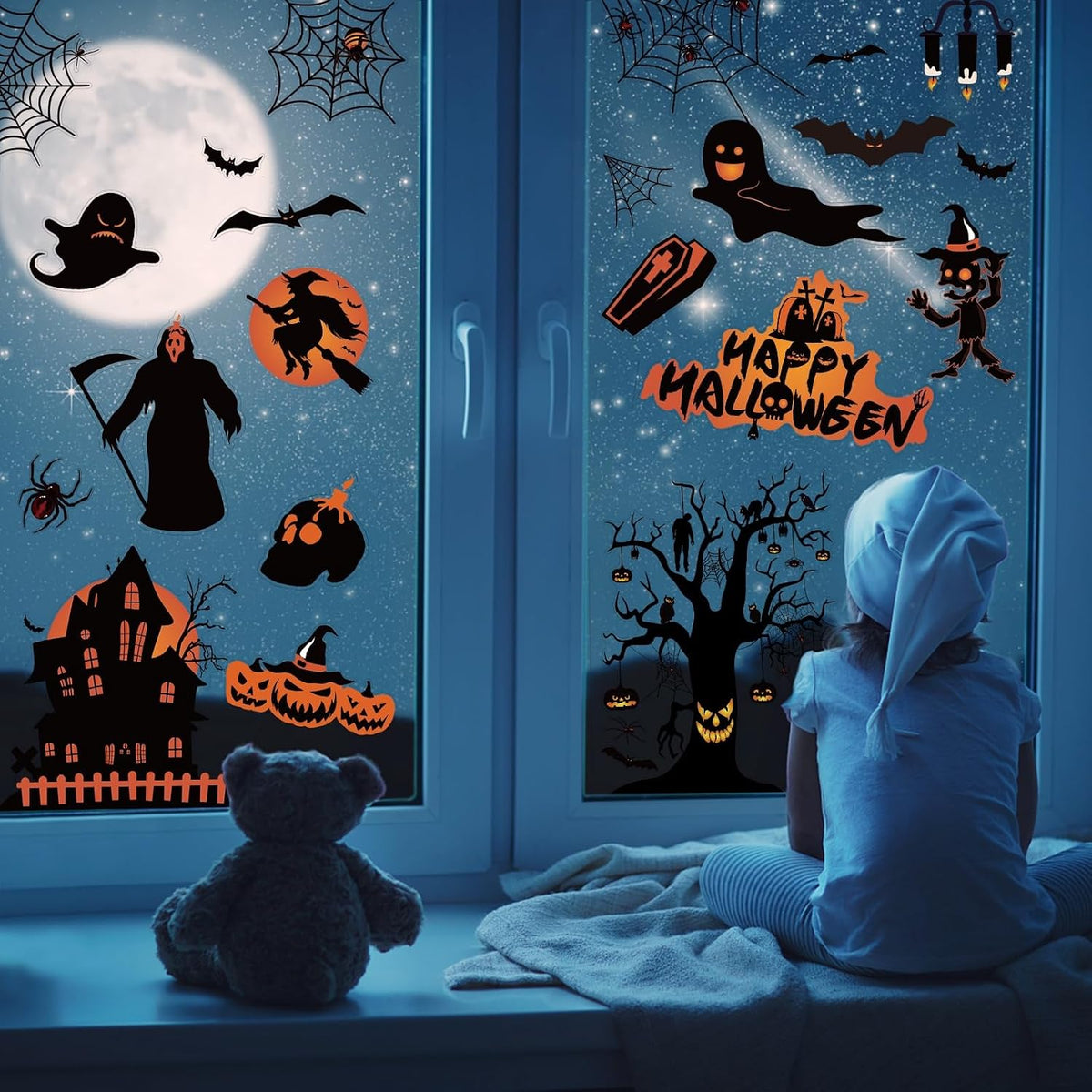🕷️Halloween Decorations | 8 Sheet Halloween Window Stickers Clings Decals | Double Sided Reuseable Bats Spider Ghost Pumpkin Halloween Party🦇🕷️
