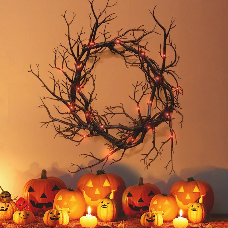 Halloween Wreath Decoration with LED Lights in Purple and Red Glitter - Scary Style for Indoor and Outdoor Home and Party Decor
