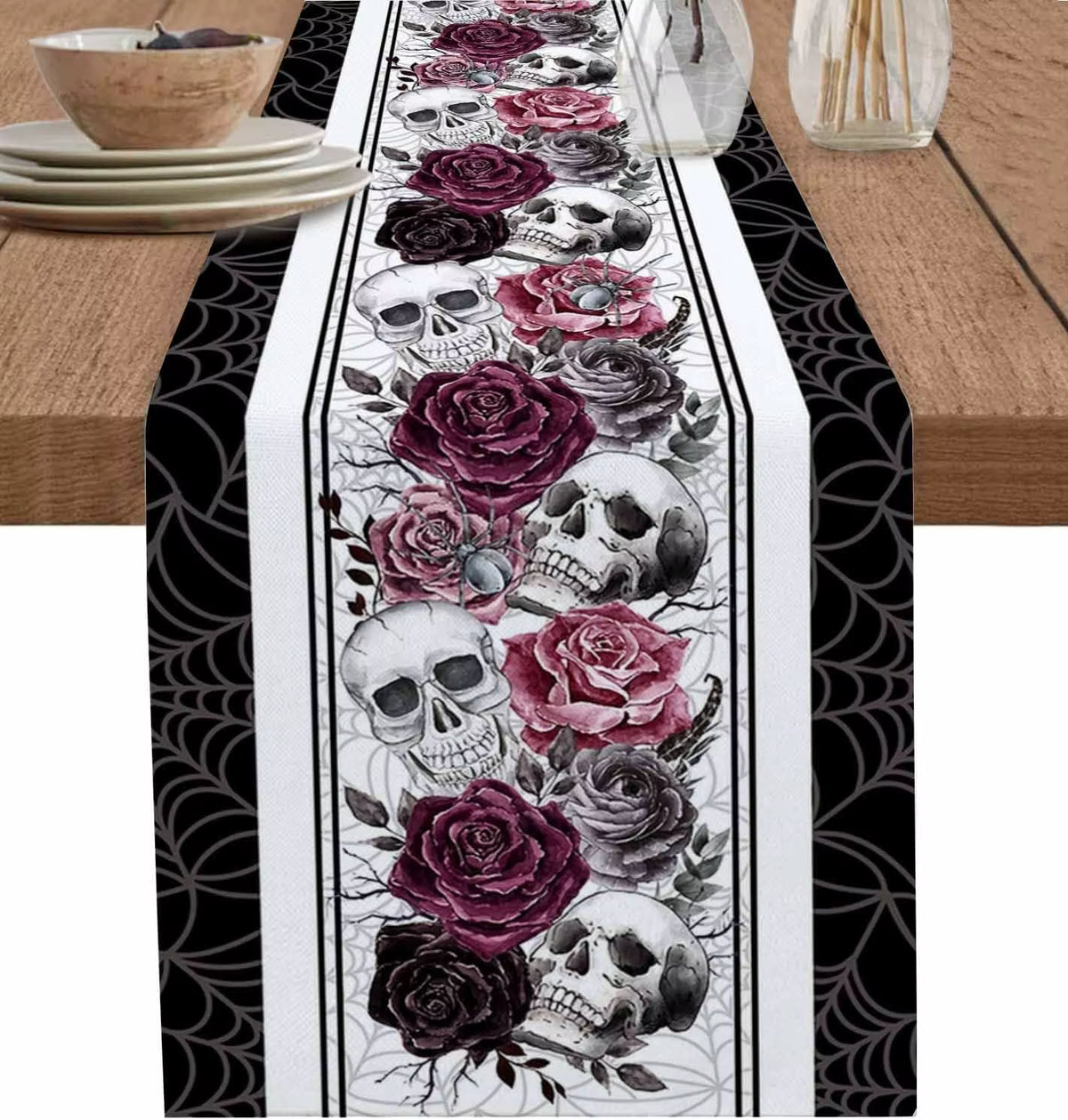 🧛Halloween Skull Red Black Rose Spider Web Linen Table Runner Party Reusable Halloween Decor🧛