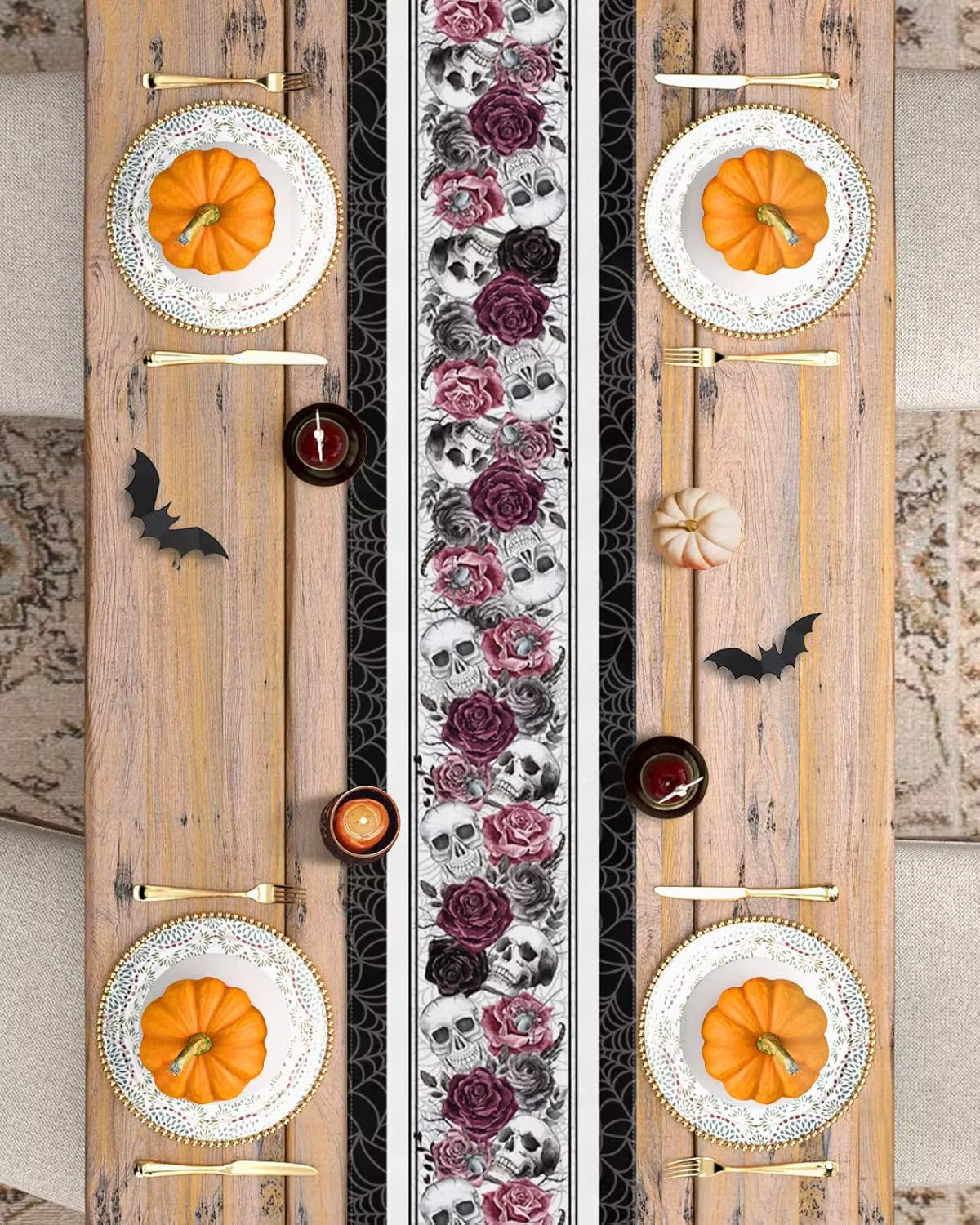 🧛Halloween Skull Red Black Rose Spider Web Linen Table Runner Party Reusable Halloween Decor🧛