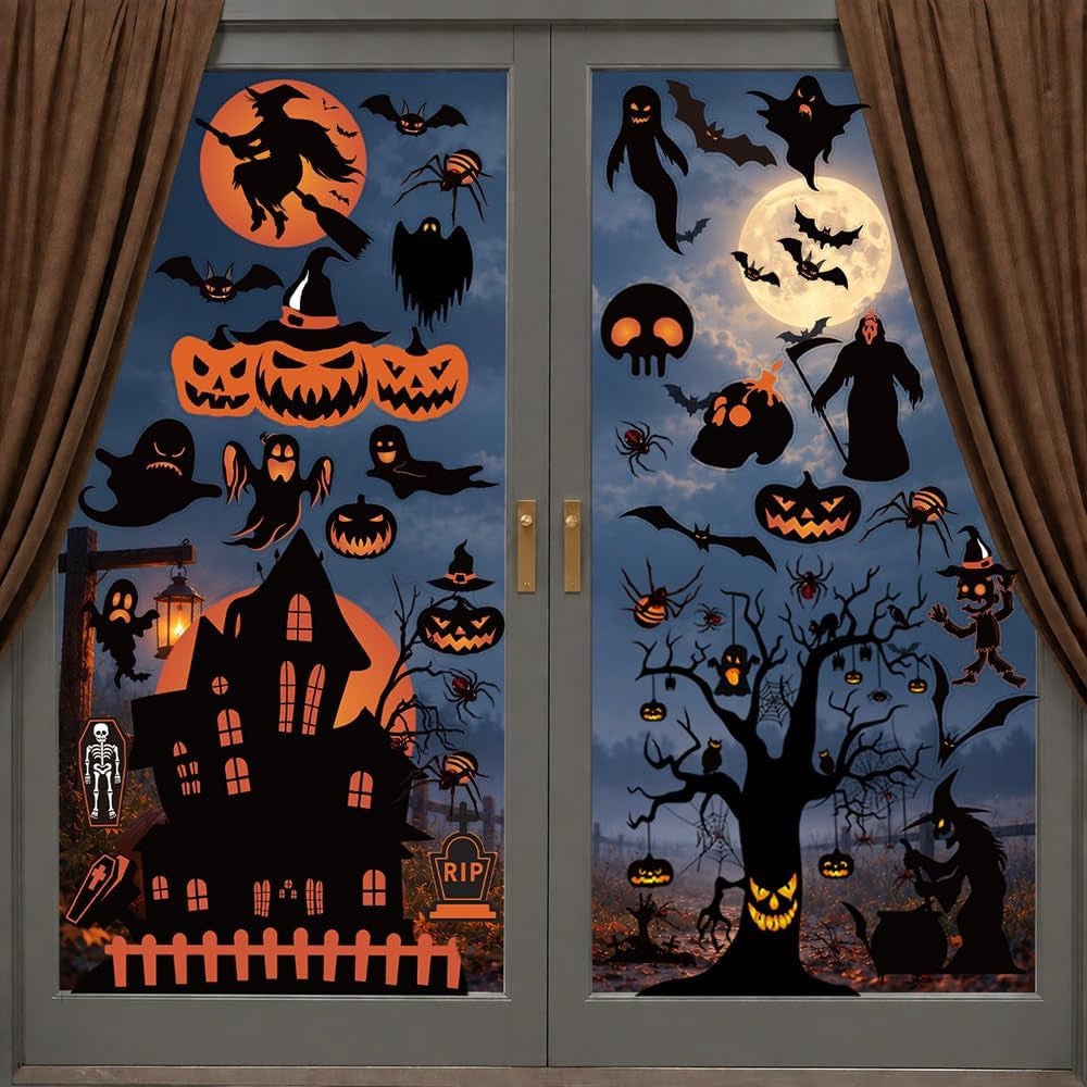 🕷️Halloween Decorations | 8 Sheet Halloween Window Stickers Clings Decals | Double Sided Reuseable Bats Spider Ghost Pumpkin Halloween Party🦇🕷️