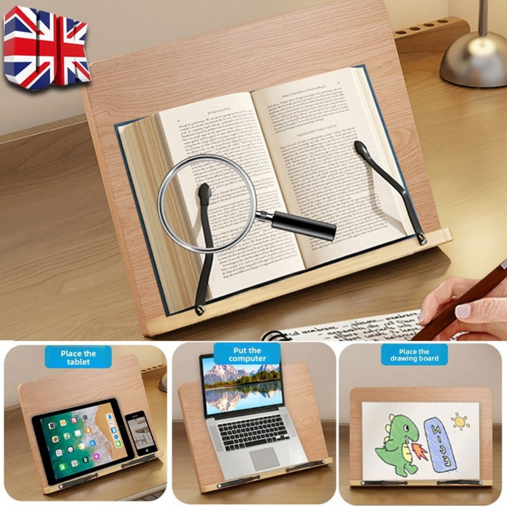 Adjustable Book Stand Wooden Reading Rest - Recipe Cookbook Holder Stand Clip