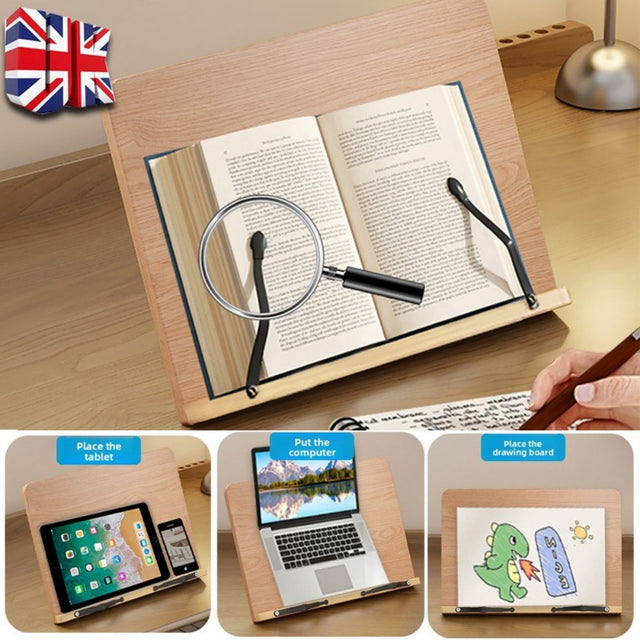 Adjustable Book Stand Wooden Reading Rest - Recipe Cookbook Holder Stand Clip