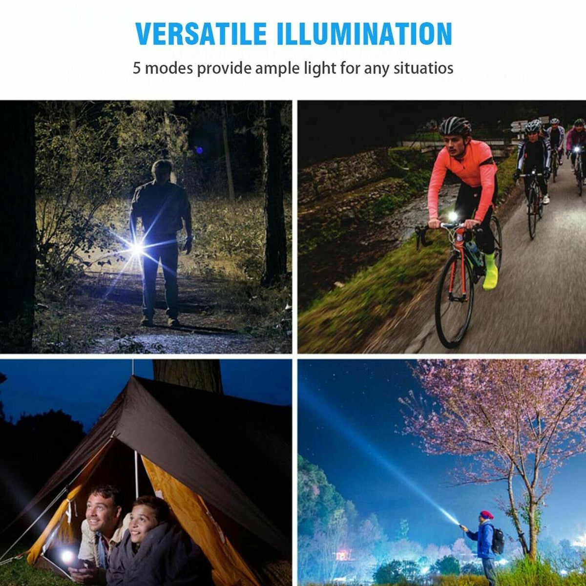 2 Pack USB Rechargeable LED Flashlight 5-Mode Outdoor Camping Hiking Flashlight Work Light