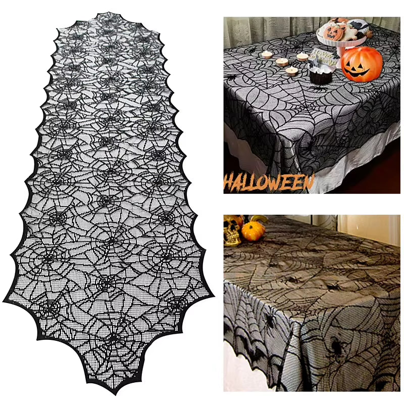 🕷️Halloween Decoration Lace Spider Web Skeleton Skull Table Cloth Black Fireplace Party Decoration🕷️