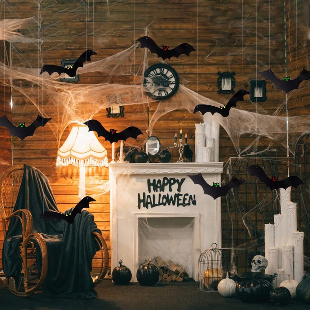 🦇12PCS Halloween Hanging Bats Flying Glowing Eyes Bat Outdoor Decor🦇