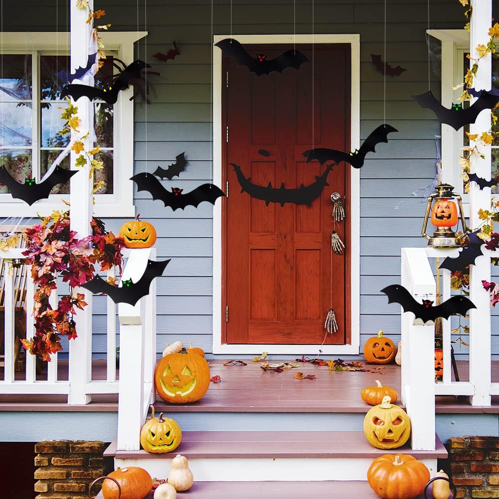 🦇12PCS Halloween Hanging Bats Flying Glowing Eyes Bat Outdoor Decor🦇