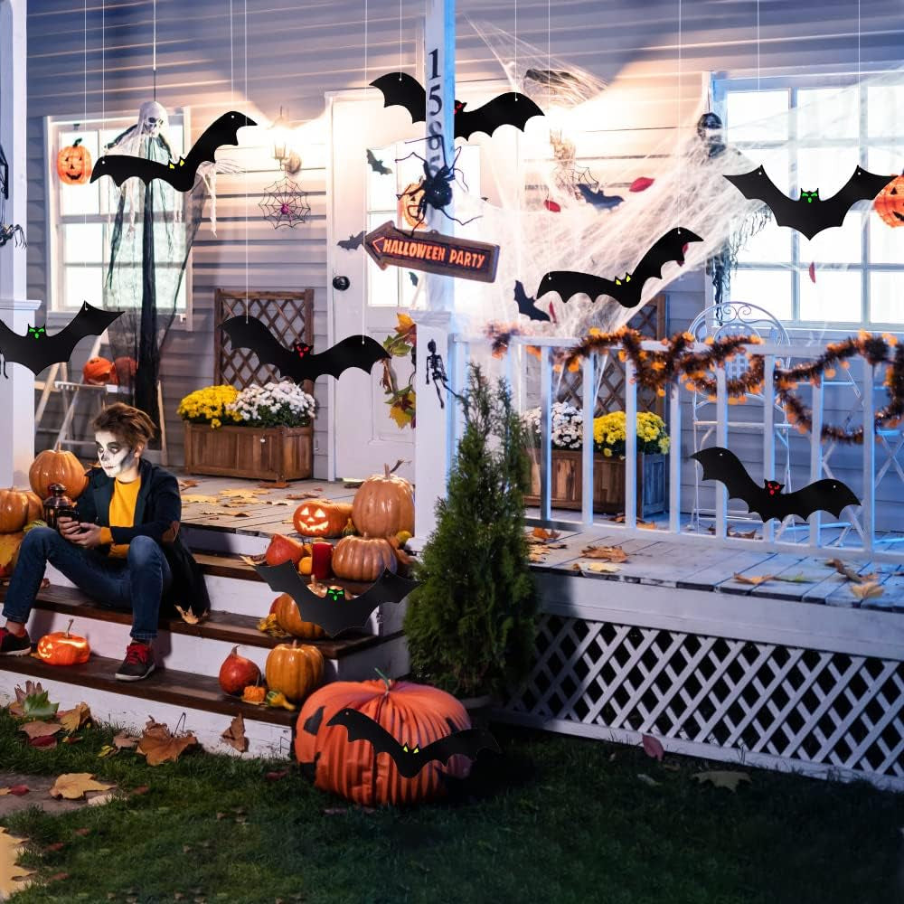 🦇12PCS Halloween Hanging Bats Flying Glowing Eyes Bat Outdoor Decor🦇