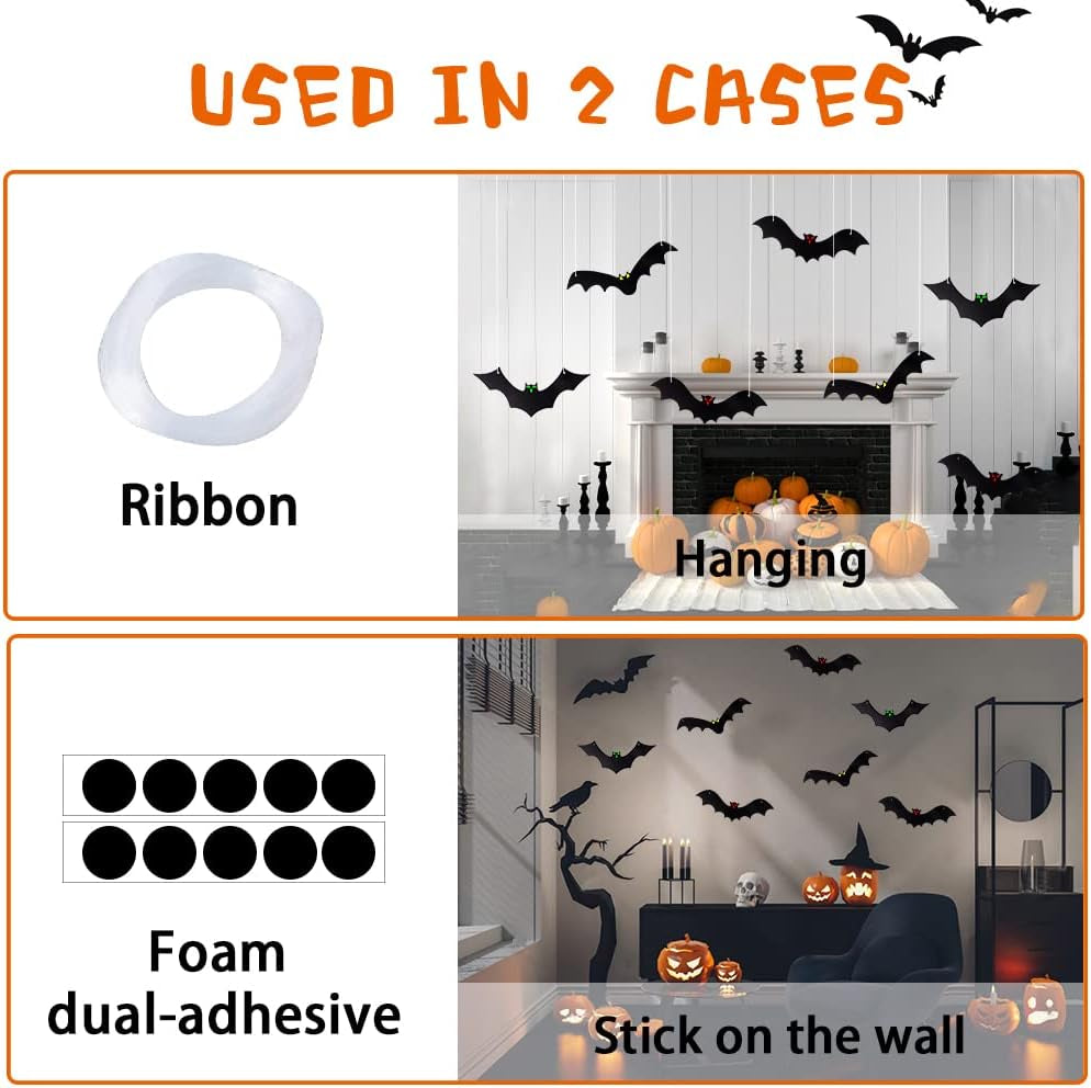 🦇12PCS Halloween Hanging Bats Flying Glowing Eyes Bat Outdoor Decor🦇